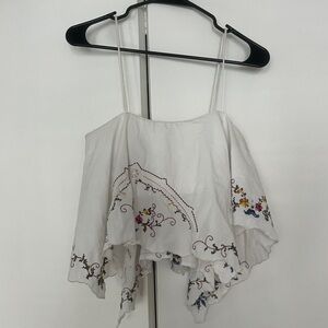 Anthropologie White Floral-Embroidered Handkerchief Hem Cami